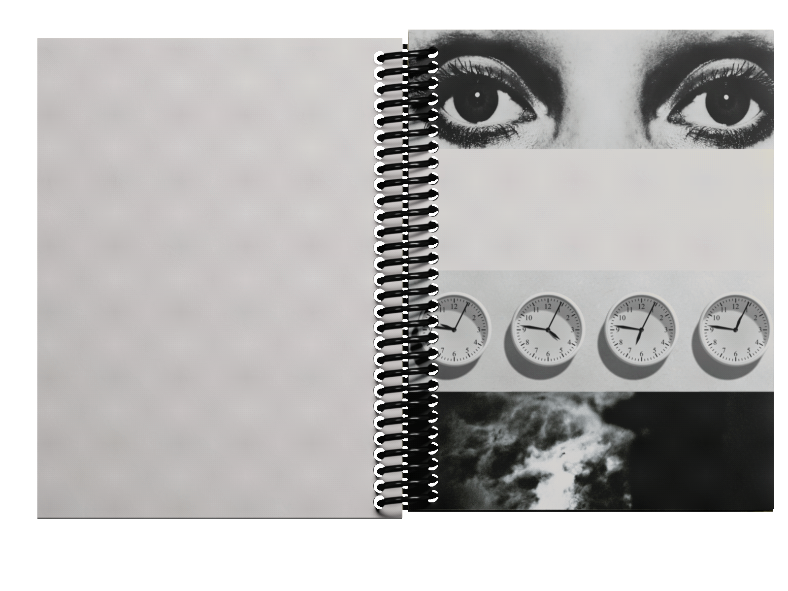 sprial notebook with black and white pictures animating of eyes, clocks, and nature