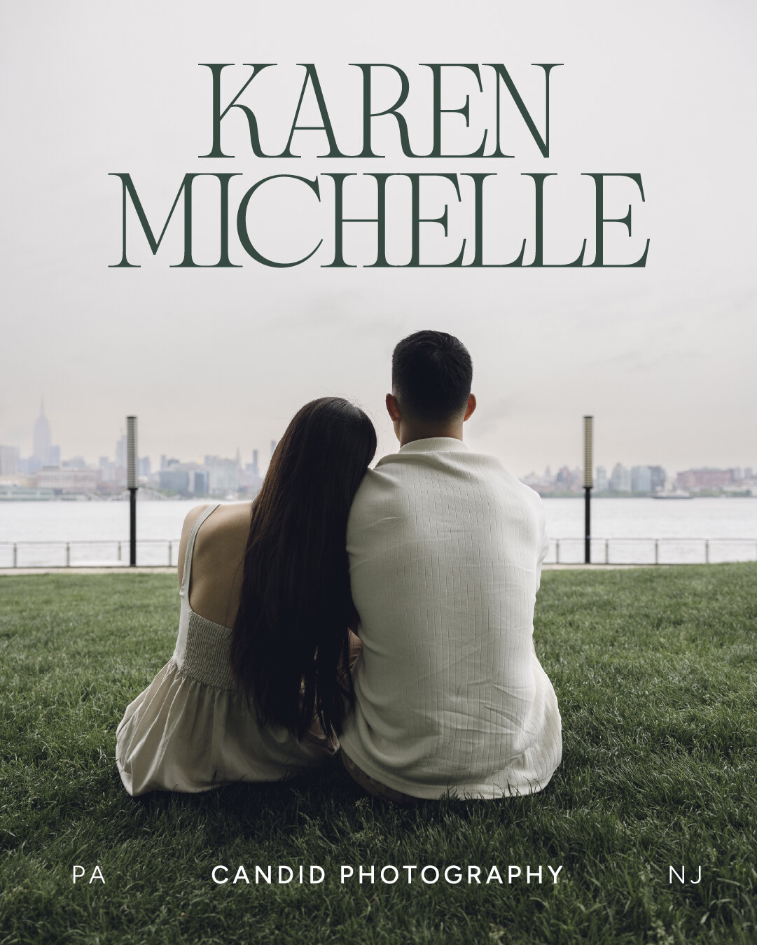 Karen Michelle Photography logo over image of couple sitting together with city skyline in background.