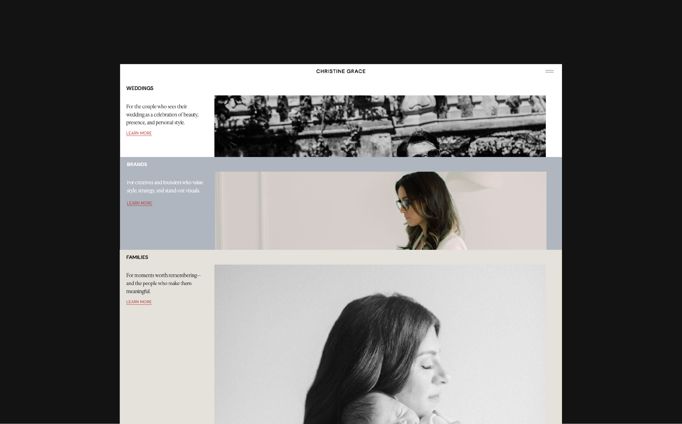 Website mockup of Christine Grace’s services page featuring wedding, brand, and family photo categories with black-and-white portraits.