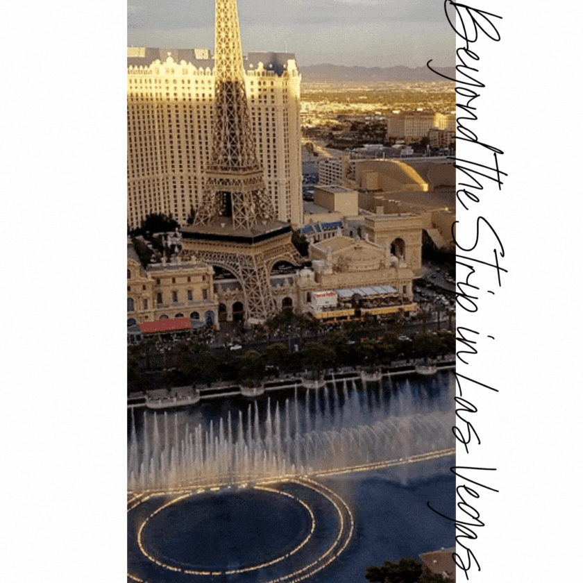The Bellagio fountains in Las Vegas performing at sunset, with the Paris Las Vegas Hotel and its replica Eiffel Tower in the background ©Stephanie Dosch | theViatrix Las Vegas Custom Travel Guide