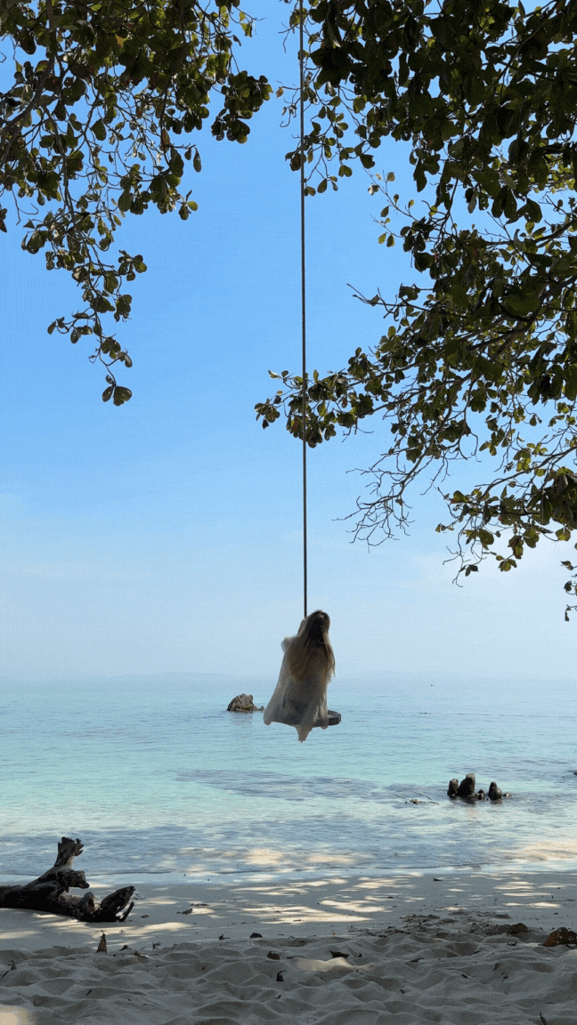 Helene swinging in a tree enjoying her travels
