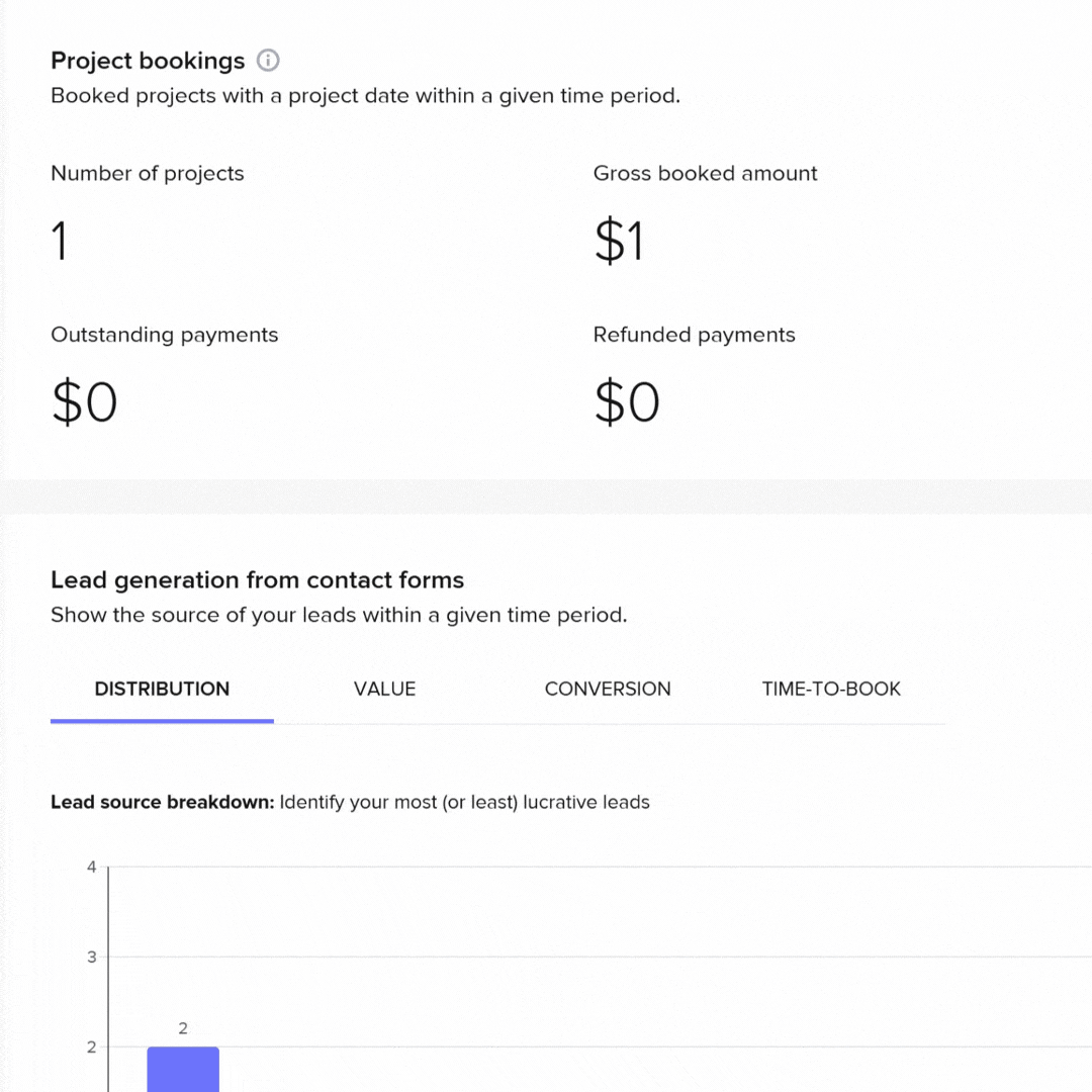 honeybook features screenshot of tech dashboard