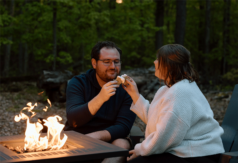 GIF of bride and groom toasting with s'mores.
