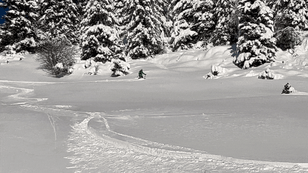Wintersporters die skiën in poedersneeuw in de buurt van Haus Arlberg in Sankt Anton am Arlberg.