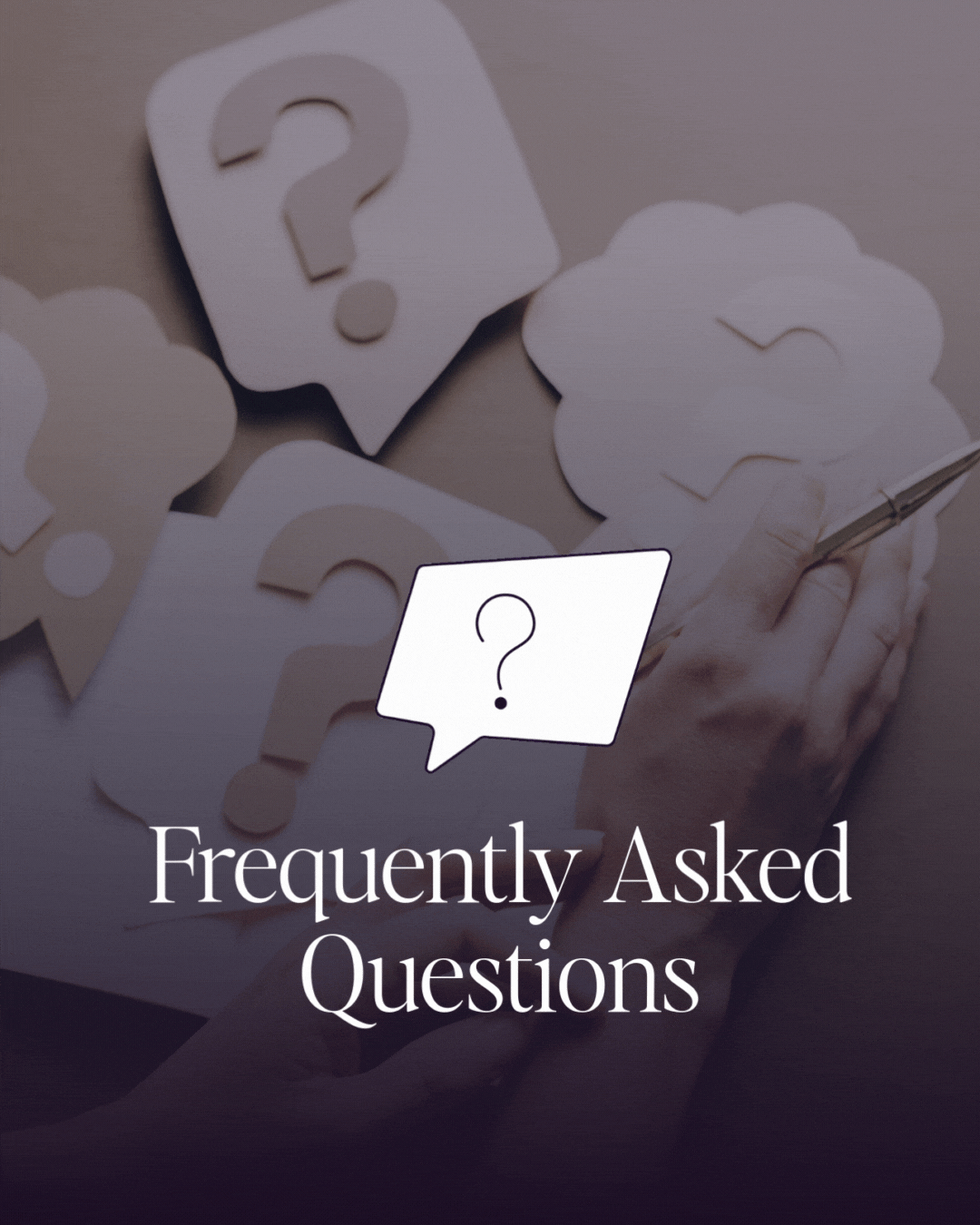 A graphic that says "Frequently Asked Questions" and has an image background of wooden blocks with question marks on them.