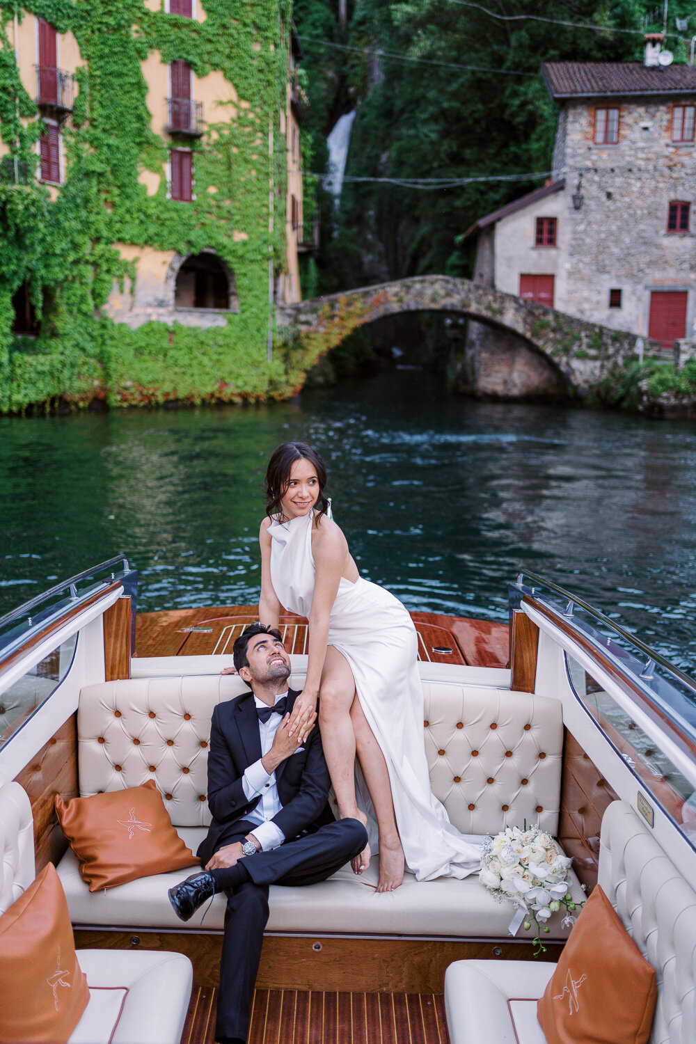 bride and groom on a luxury boat in Lake Como