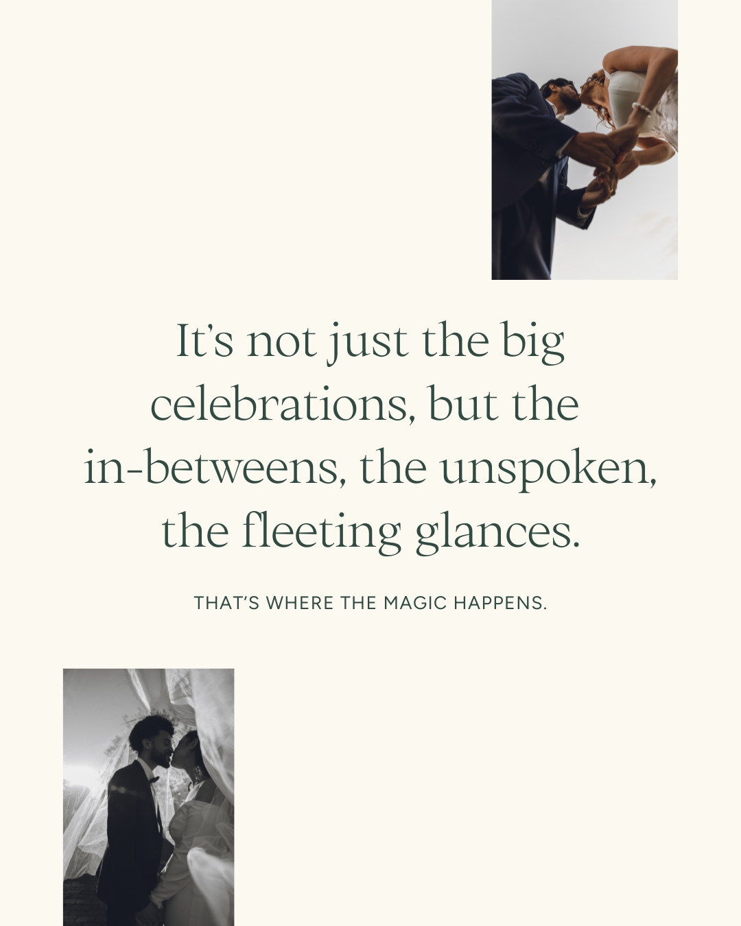 Wedding photography brand messaging graphic for Karen Michelle focused on the in-between moments and connection