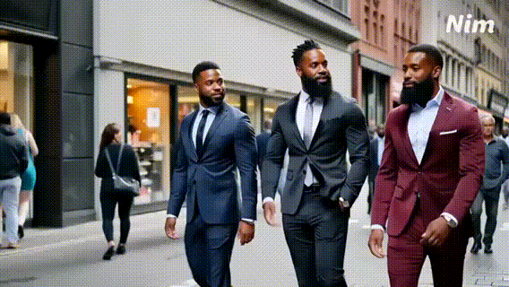Three black men with full beards dressed in suits walk and talk in an urban city
