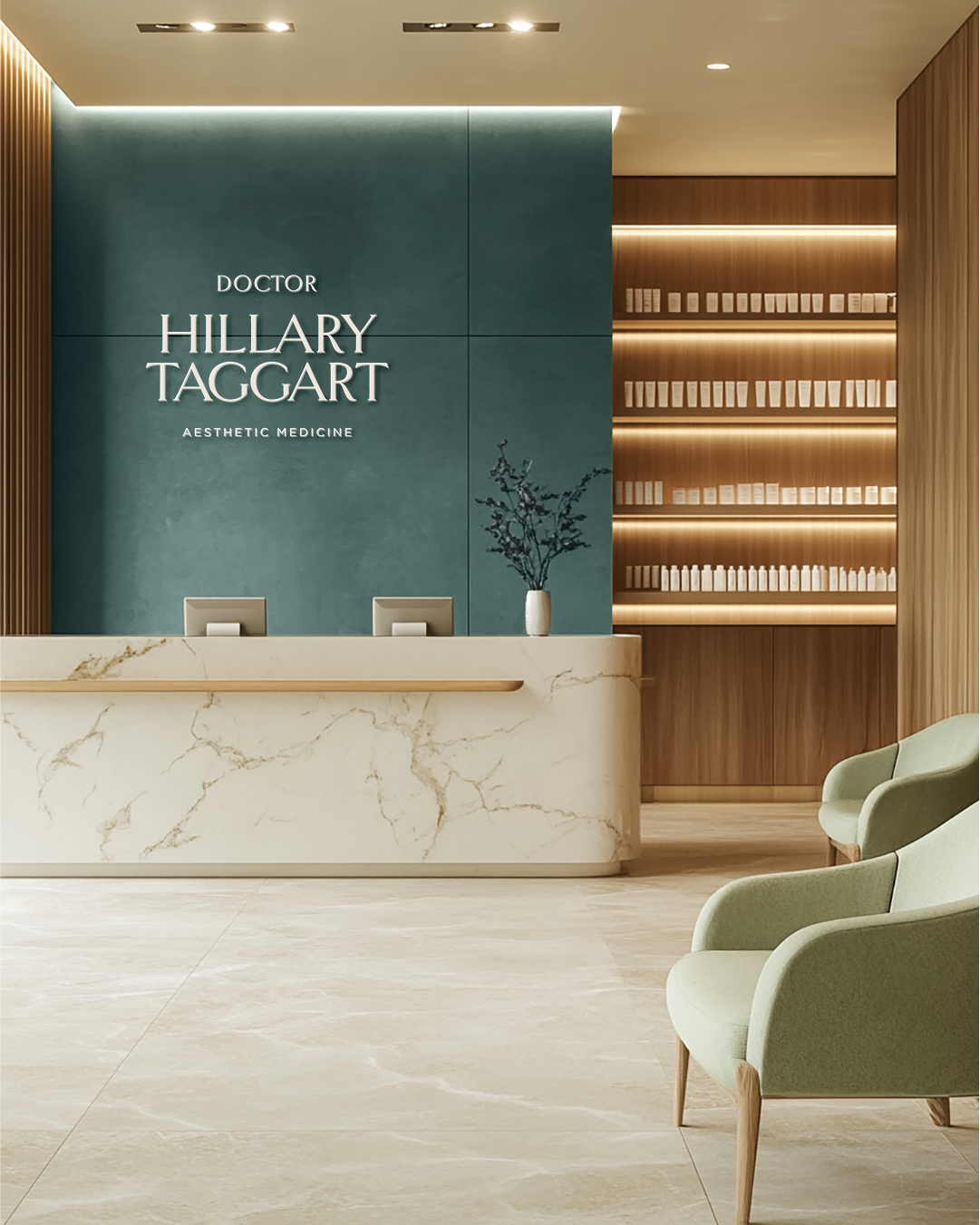 Concept rendering of a future med spa space branded for Dr. Hillary Taggart, featuring soft green walls, marble desk, and warm wood accents.