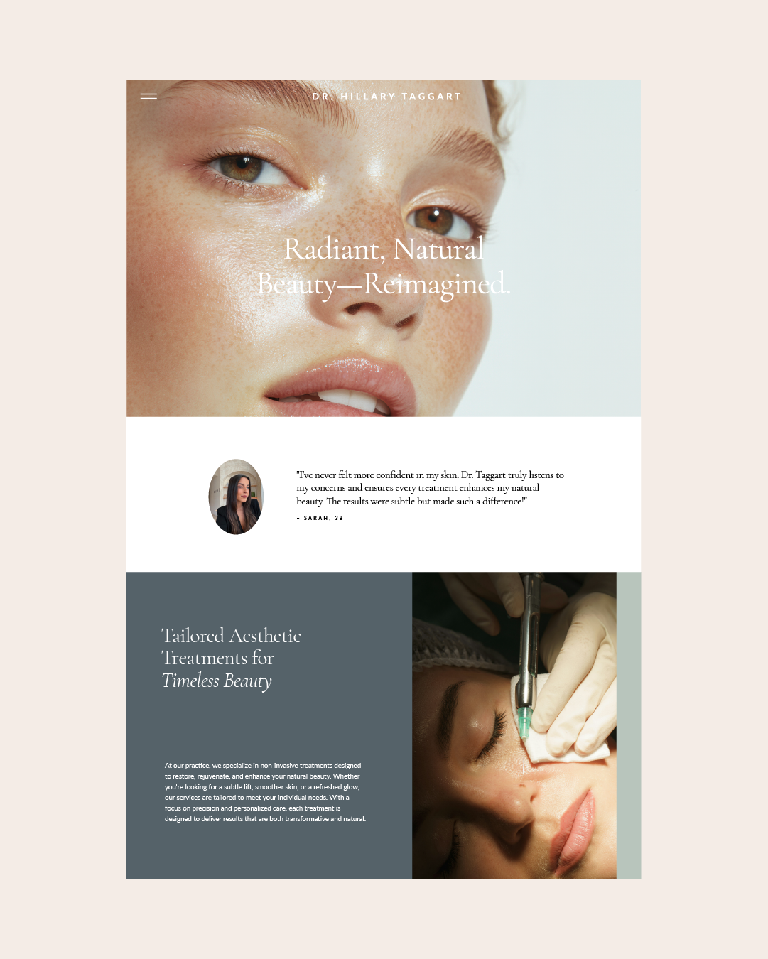 Website mockup for Dr. Hillary Taggart featuring a close-up of radiant skin and client testimonial highlighting natural, confidence-boosting results.