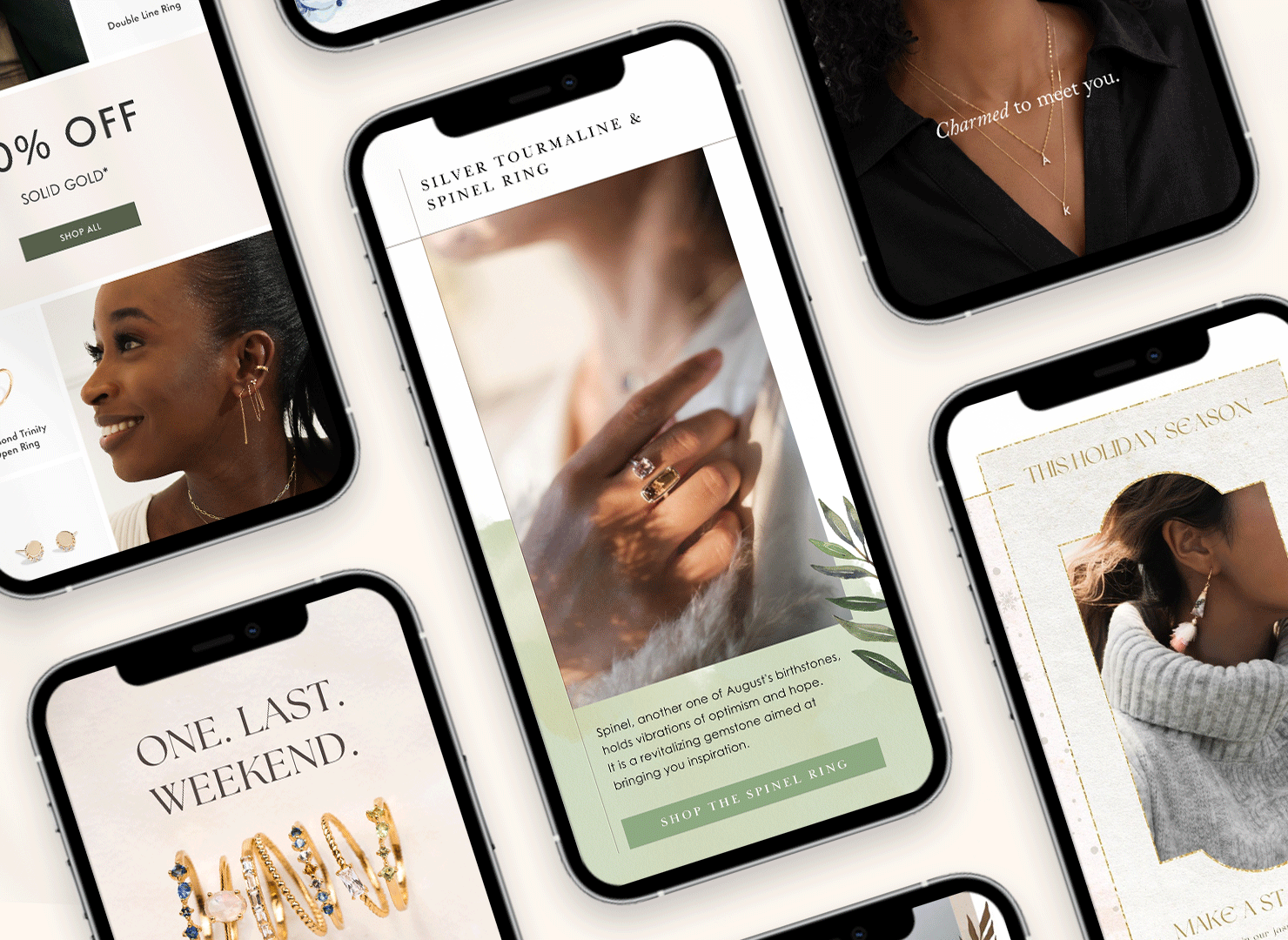 Email marketing designs featuring seasonal campaigns and sale promotions for eCommerce fashion and jewelry brands showcased on mobile devices.