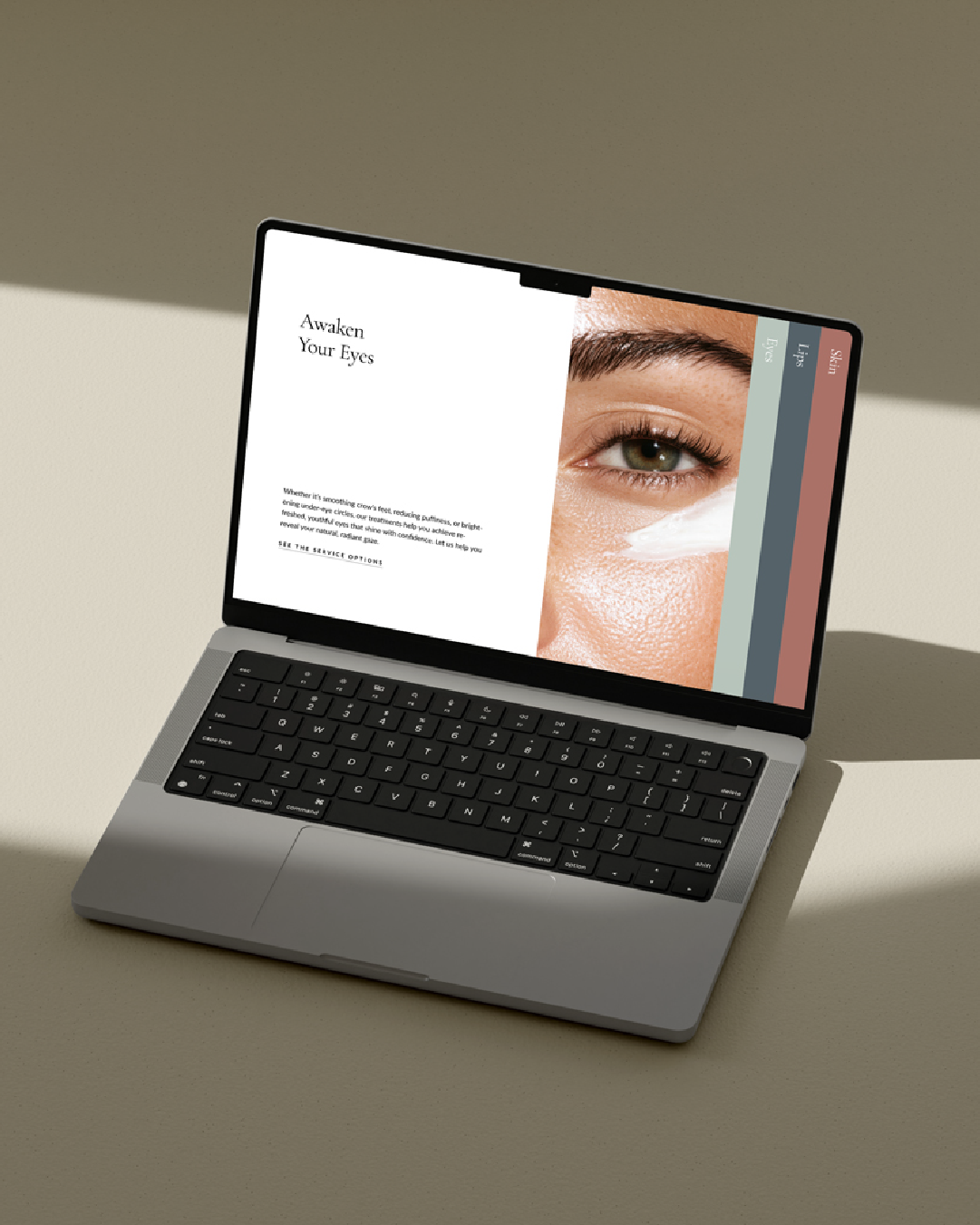 Website section featuring an eye cream treatment and tab navigation for services like eyes, lips, and skin—designed in brand colors.