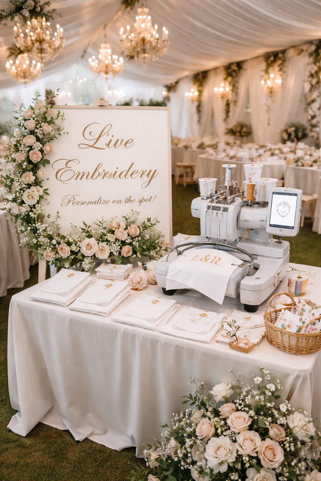 Live on-site embroidery station at a wedding venue in Houston Texas