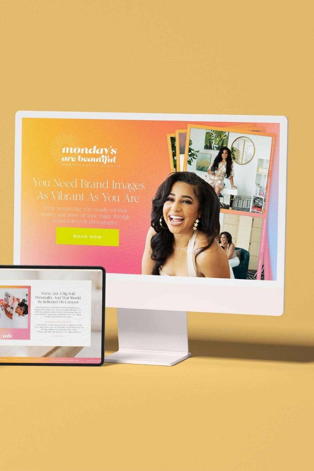 light pink imac in a yellow room with a picture of a woman smiling on the screen next to a black iPad with a polaroid on it screen