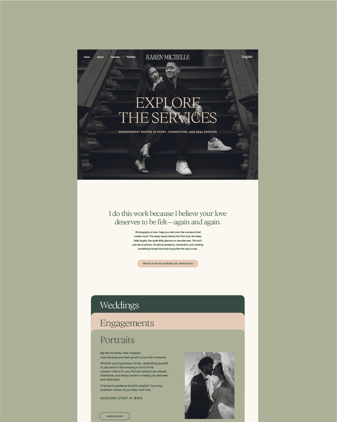 Custom website design for Karen Michelle Photography showcasing intuitive navigation, brand messaging, and service offerings.