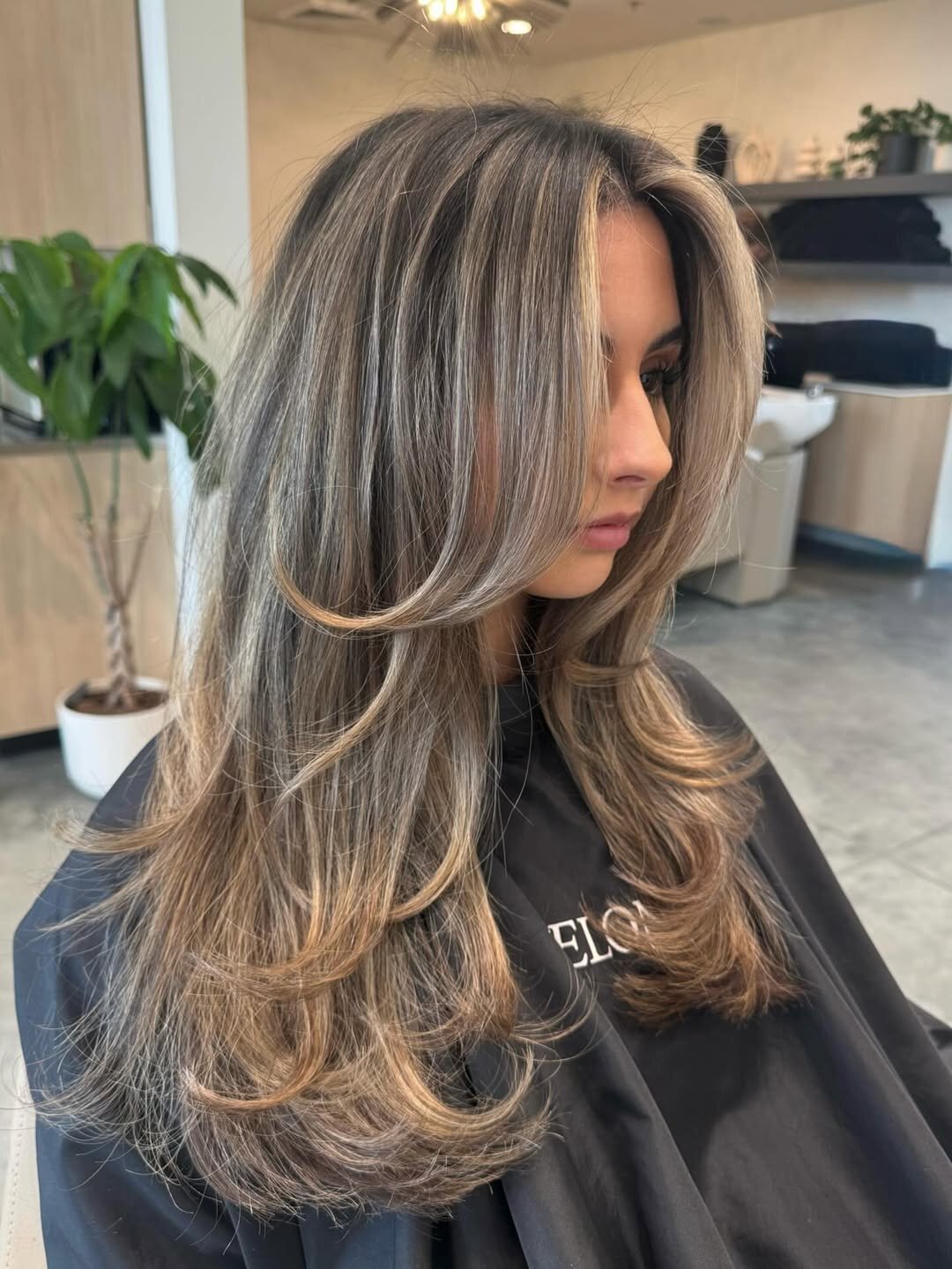 Balayage client result at Echelon Salon Eagle Idaho â brunette with warm sun-kissed highlights