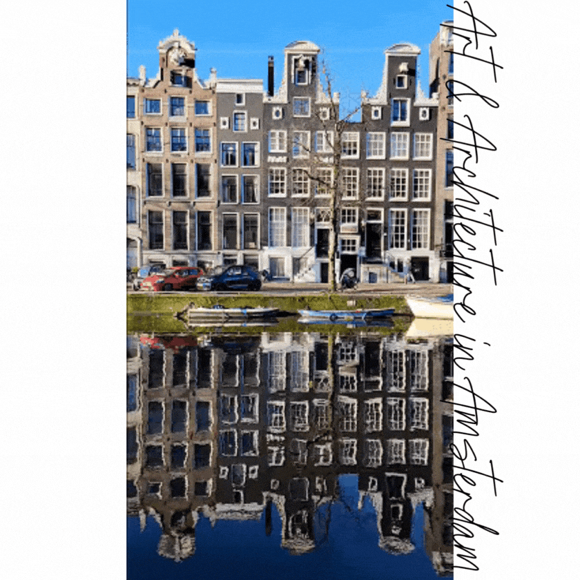 Traditional Dutch canal houses reflected in the still waters of an Amsterdam canal, with boats moored along the edge ©Stephanie Dosch | theViatrix Amsterdam Custom Travel Guide