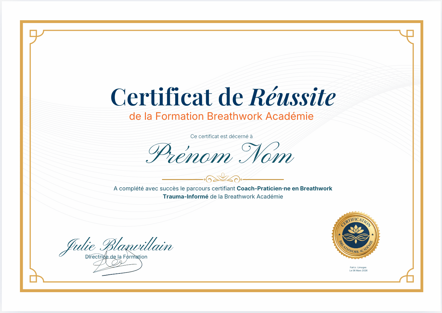 Certificat de Réussite Breathwork Académie