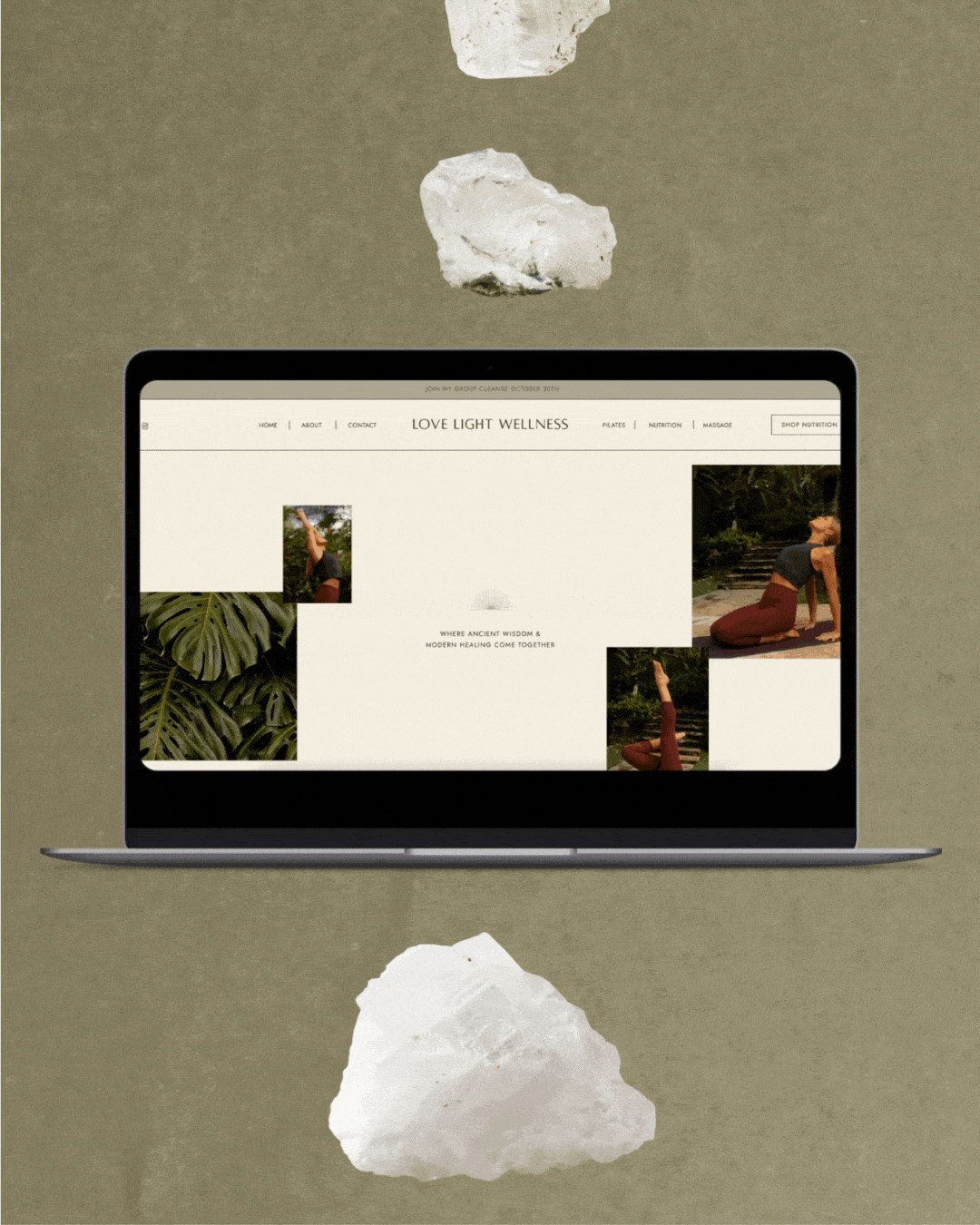 Wellness website about page mockup featuring clean, neutral layout and organic textures designed by Studio Chan Hsu