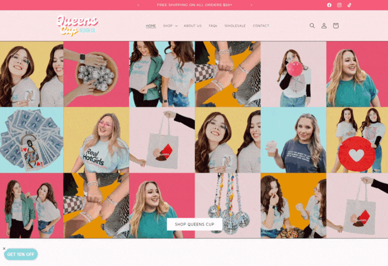 A GIF of the clothing and accessory shop, Queens Cup Design Co, featuring bright colors and their 'about me' section.