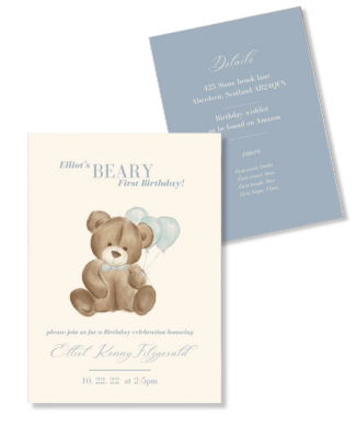 Teddy Bear 1st Birthday Party Invite Blue