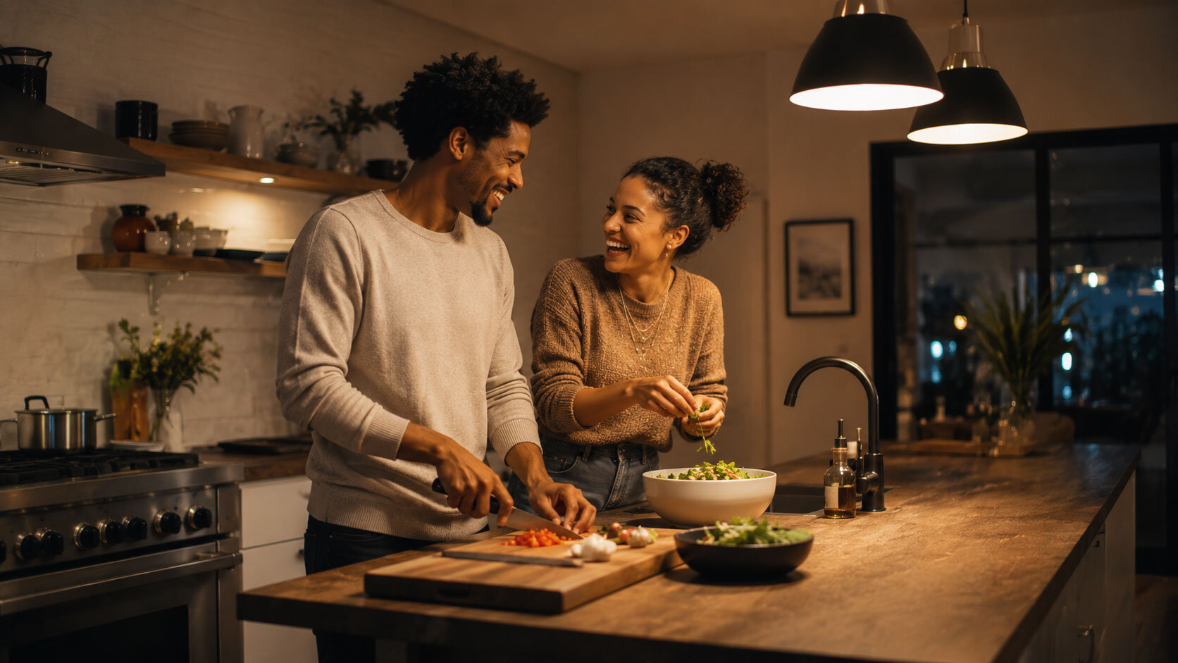 A couple sharing a laugh while preparing dinner at home