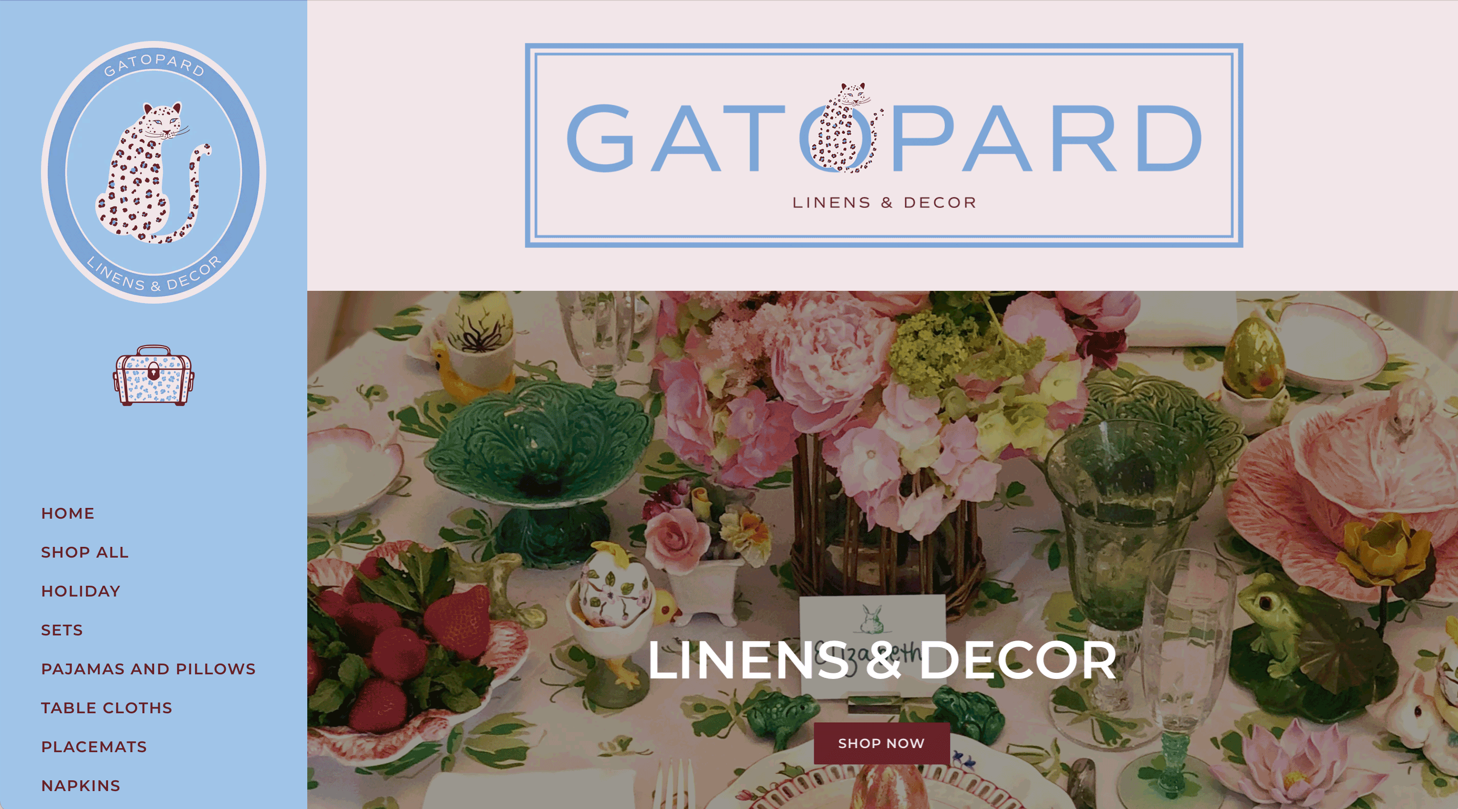 Gatopard Linens & Decor homepage with leopard print animation
