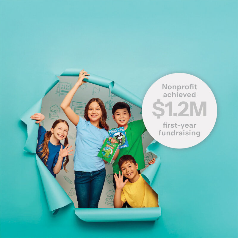 multiethnic children behind paper cutout featuring skytree book fairs