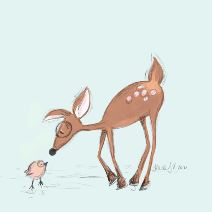 gif of a cute deer and bird booping noses