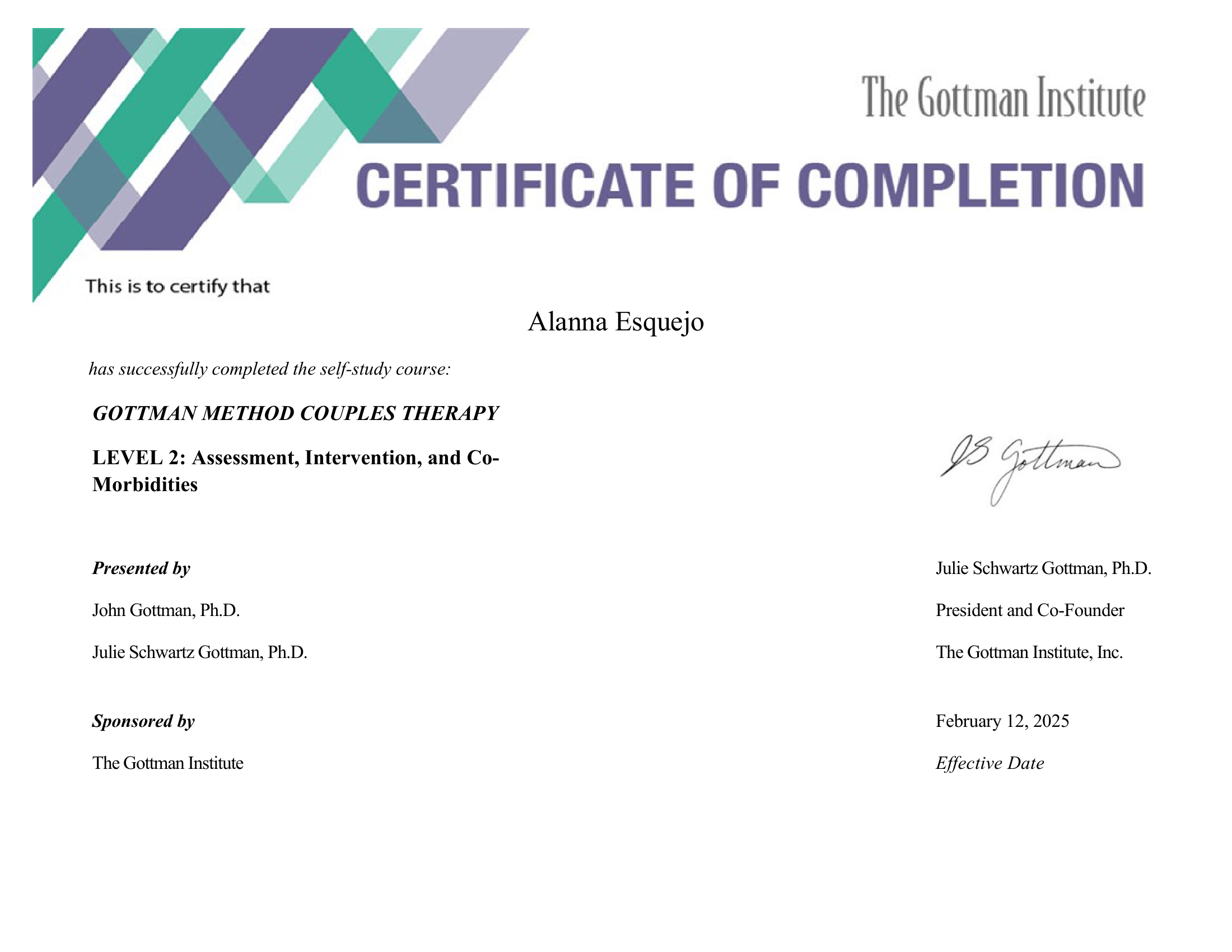 Gottman Method Couples Therapy Level 2 certificate — Alanna Esquejo