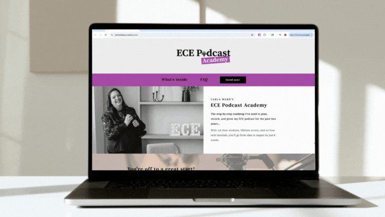 Animated laptop mockup displaying the ECE Podcast Academy course sales page designed for Carla Ward, featuring magenta branding and a professional layout.