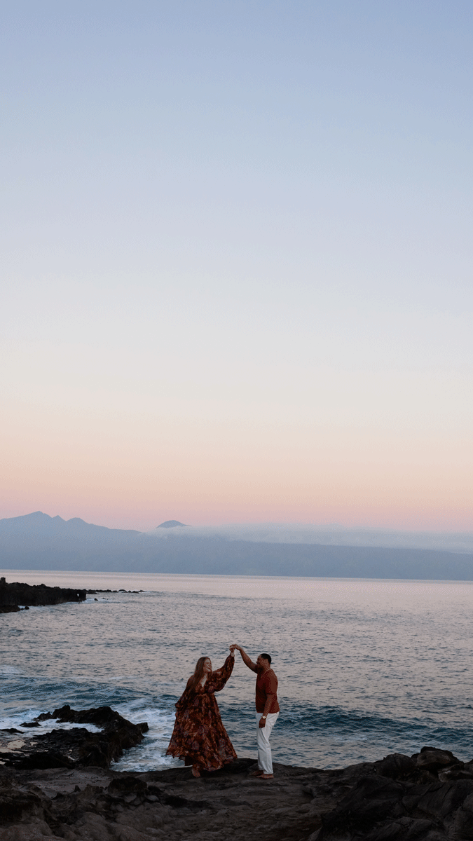 A couple's photo at Ironwood Beach with an aesthetic background captured by Maui photographer Mariah Milan