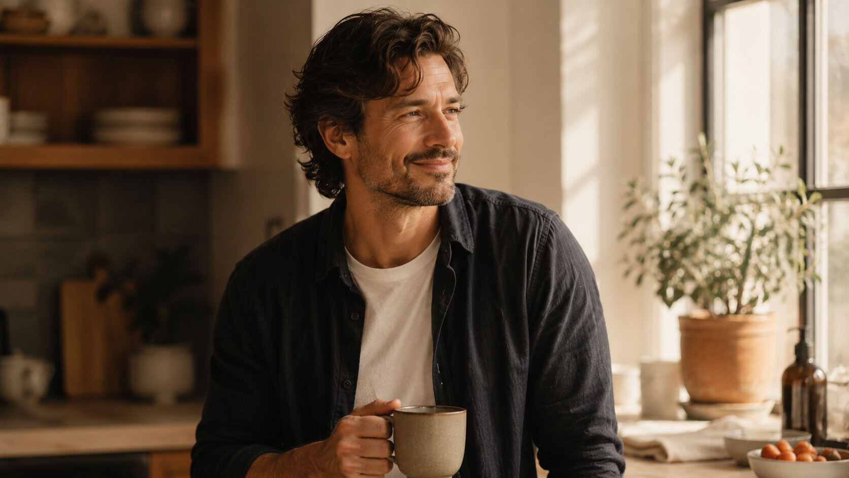 A man holding a coffee mug in a bright kitchen