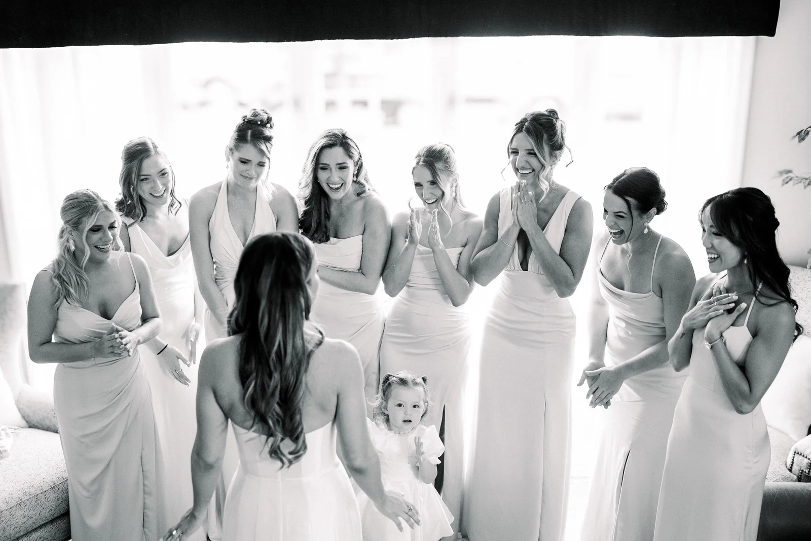 Black and white Chicago bridesmaids with the bride
